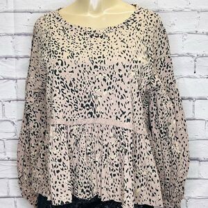 Fate Womens Pink Leopard Print Balloon Sleeves Tiered Peplum Top Size Small
